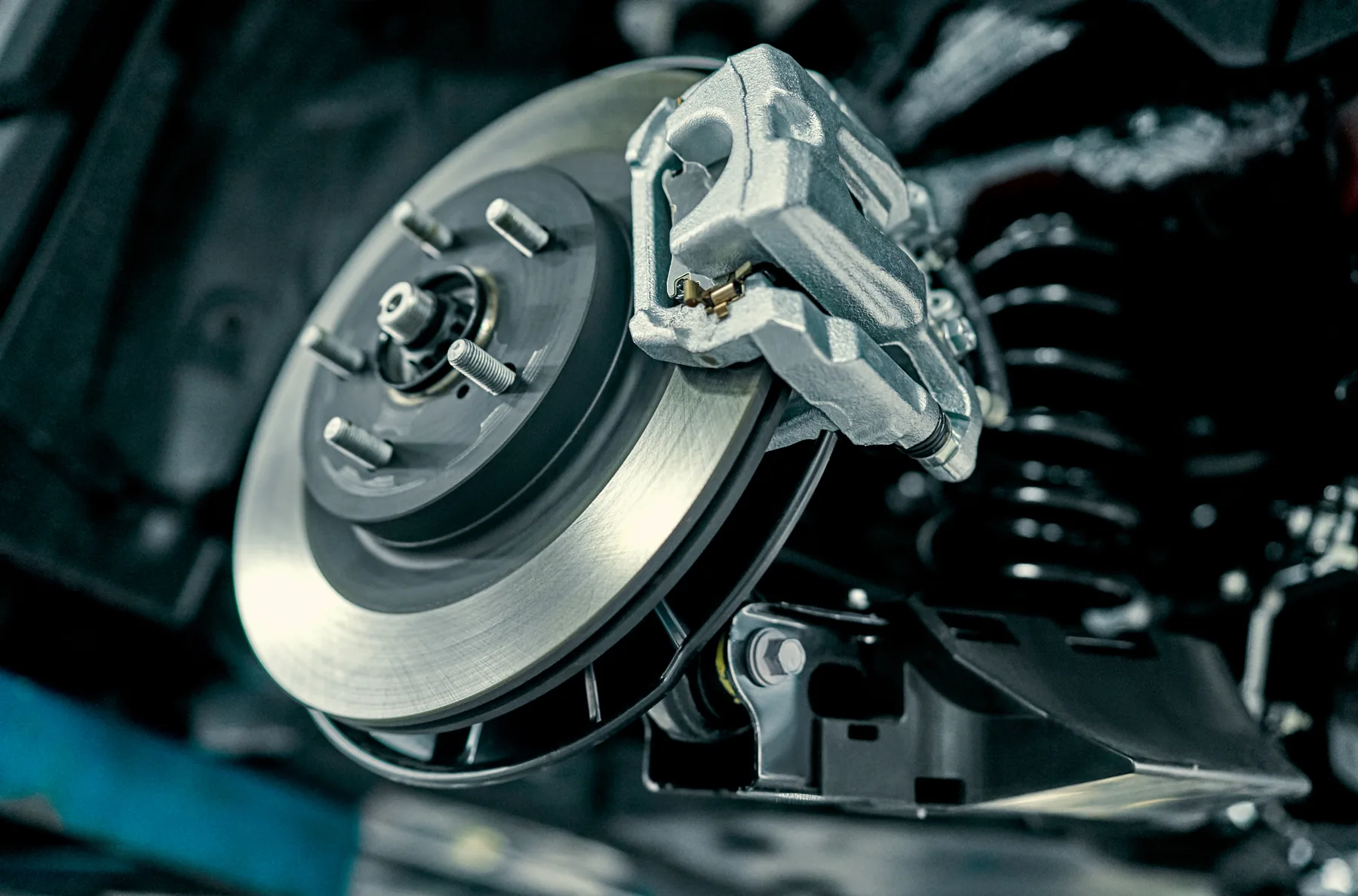Brake disc and caliper during an inspection