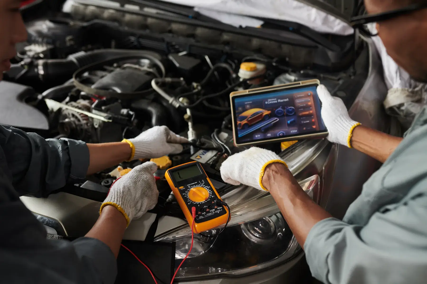 Diagnostic électronique effectué dans un compartiment moteur